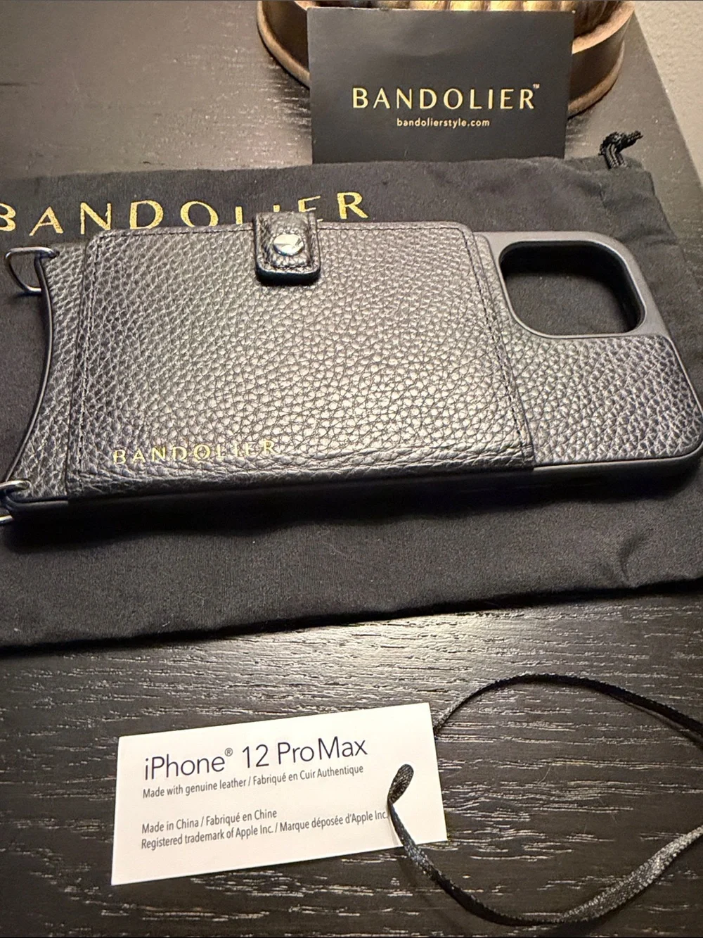 Bandolier Black Pebbled Leather Crossbody Wallet Phone Case with Gold Logo